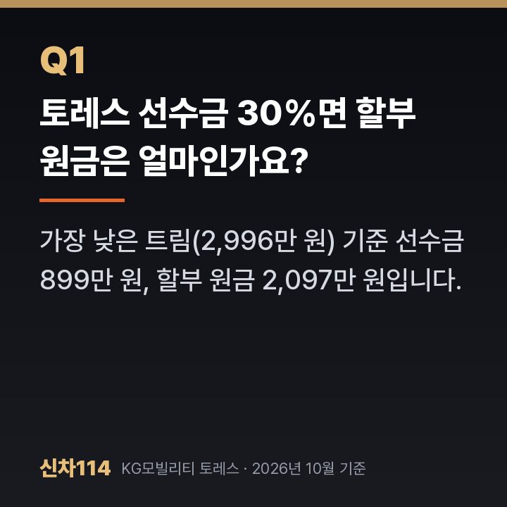 토레스 선수금 30%면 할부 원금은 얼마인가요?