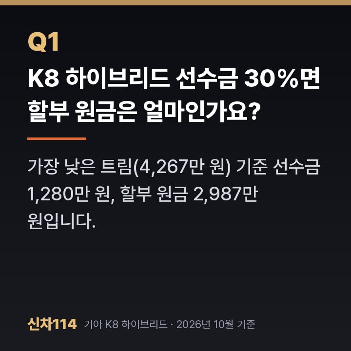 K8 하이브리드 선수금 30%면 할부 원금은 얼마인가요?