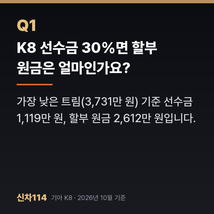 K8 선수금 30%면 할부 원금은 얼마인가요?