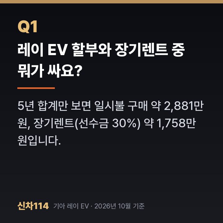 레이 EV 할부와 장기렌트 중 뭐가 싸요?
