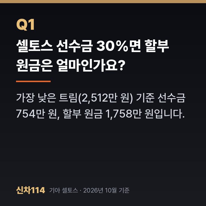 셀토스 선수금 30%면 할부 원금은 얼마인가요?