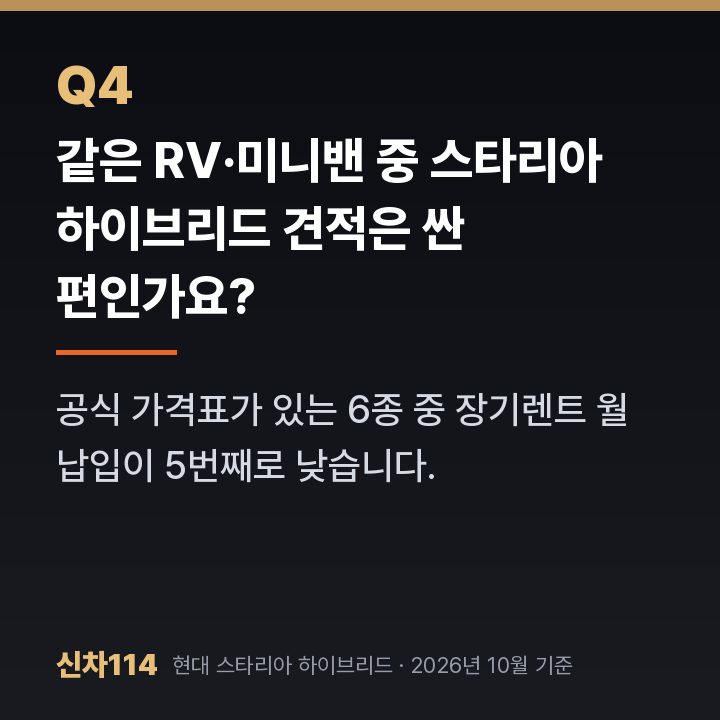 같은 RV·미니밴 중 스타리아 하이브리드 견적은 싼 편인가요?