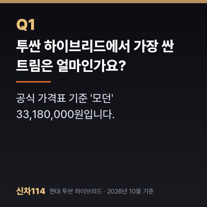 투싼 하이브리드에서 가장 싼 트림은 얼마인가요?